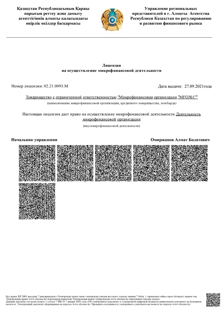 Лицензия ТОО «МФО «MFO№1» (Kviku)